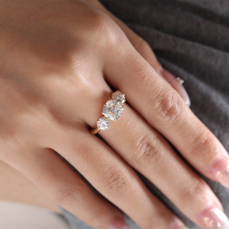 2.00ct Old Mine Cushion Cut Diamond Three Stone Ring
