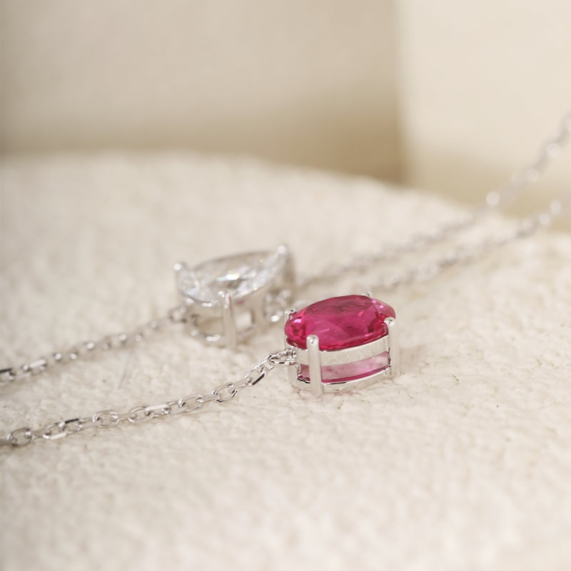 1.05ct Pear Cut Lab Diamond & Oval Lab Pink Sapphire Necklace