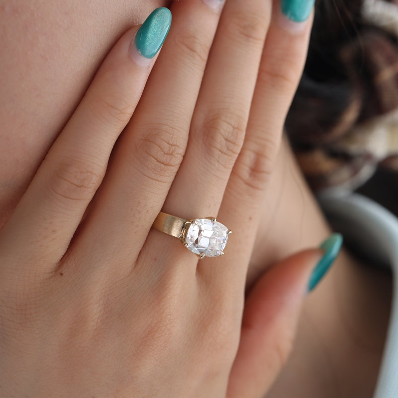 10K Yellow Gold 4.5ct Cushion Old Mine Cut Moissanite Bezel-Set Ring