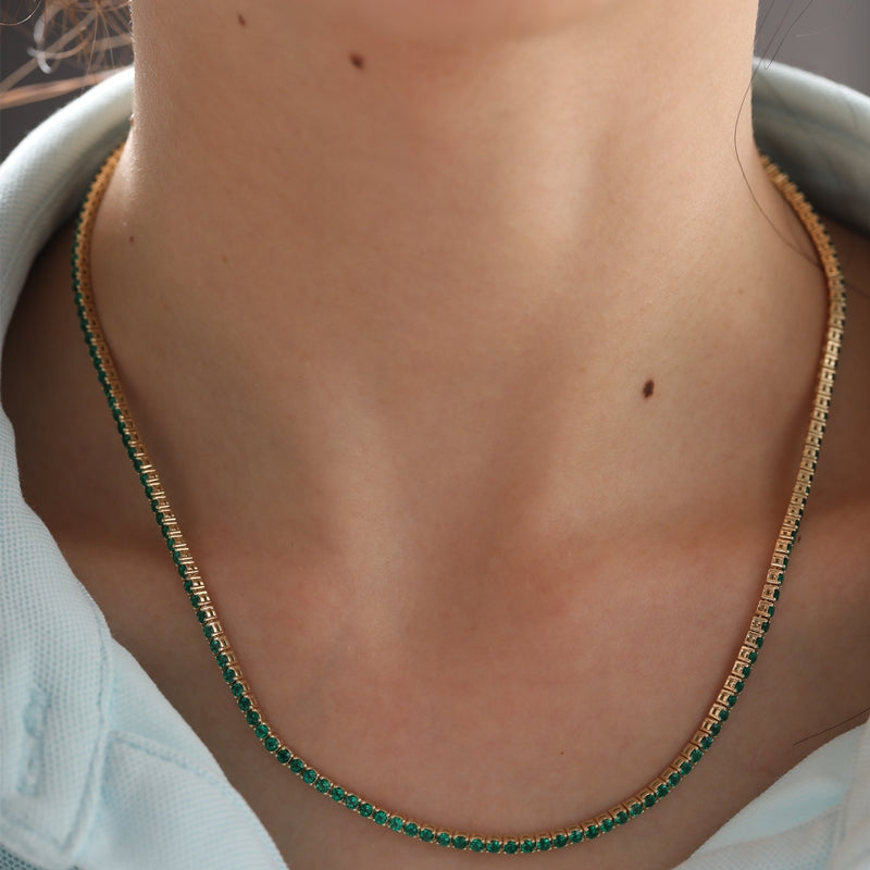 10K Yellow Gold 2mm Round Lab Zambian Emeralds Tennis Necklace