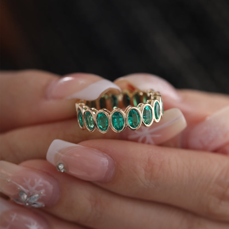 14K Yellow Gold 3*5mm Oval Colombian Lab-Grown Emerald Bezel Setting Eternity Band