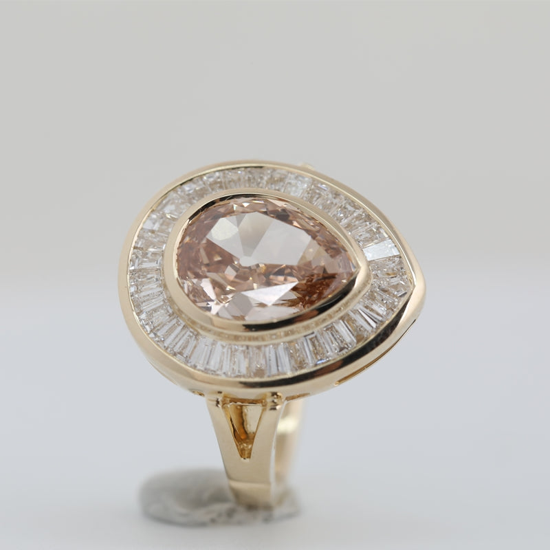 3.19ct Pear Cut Brown Lab Diamond Halo Ring with Baguette Accents