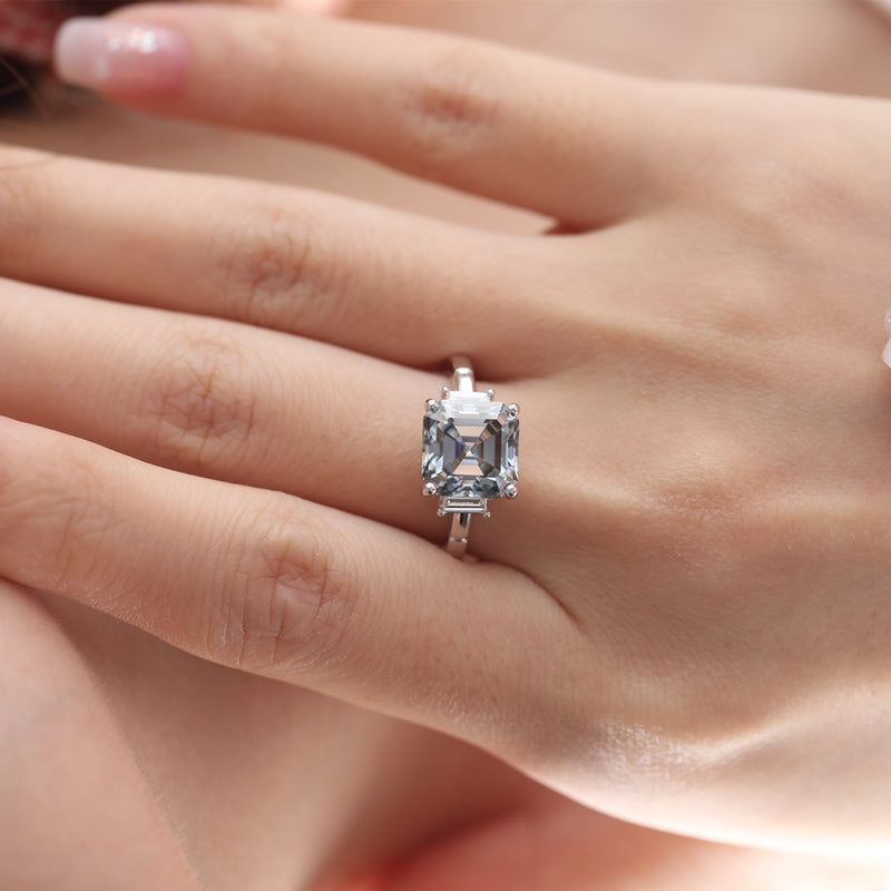 3.5ct Asscher Cut Light Gray Moissanite Three Stone Ring