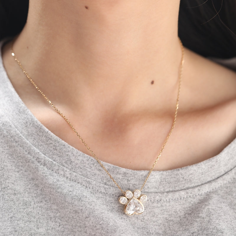 14K Yellow Gold 3.07ct Heart Lab Diamond & 0.87ct Oval Diamond Paw Necklace
