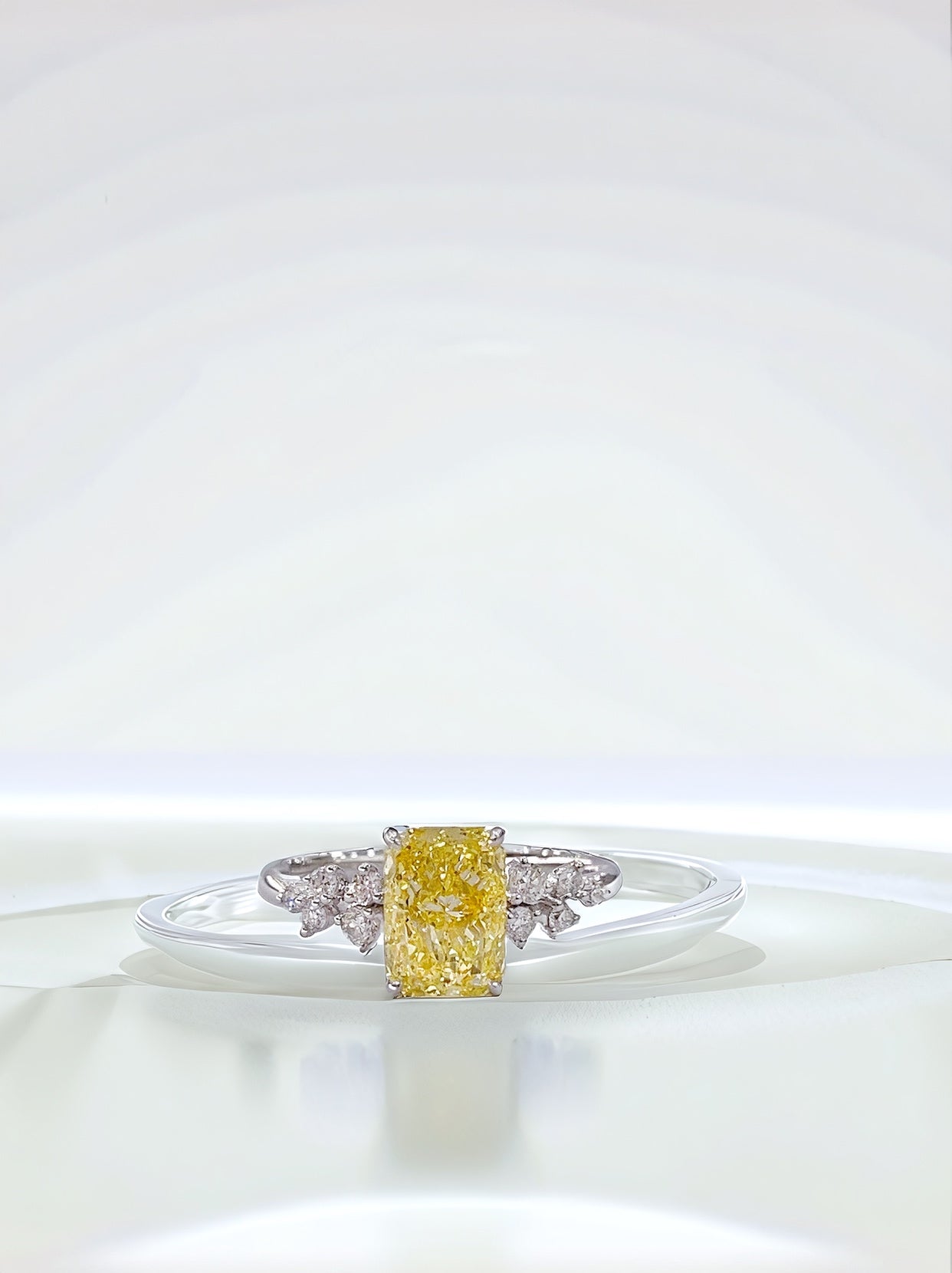 18K White Gold  Radiant Cut Yellow Lab Diamond Side stones Ring