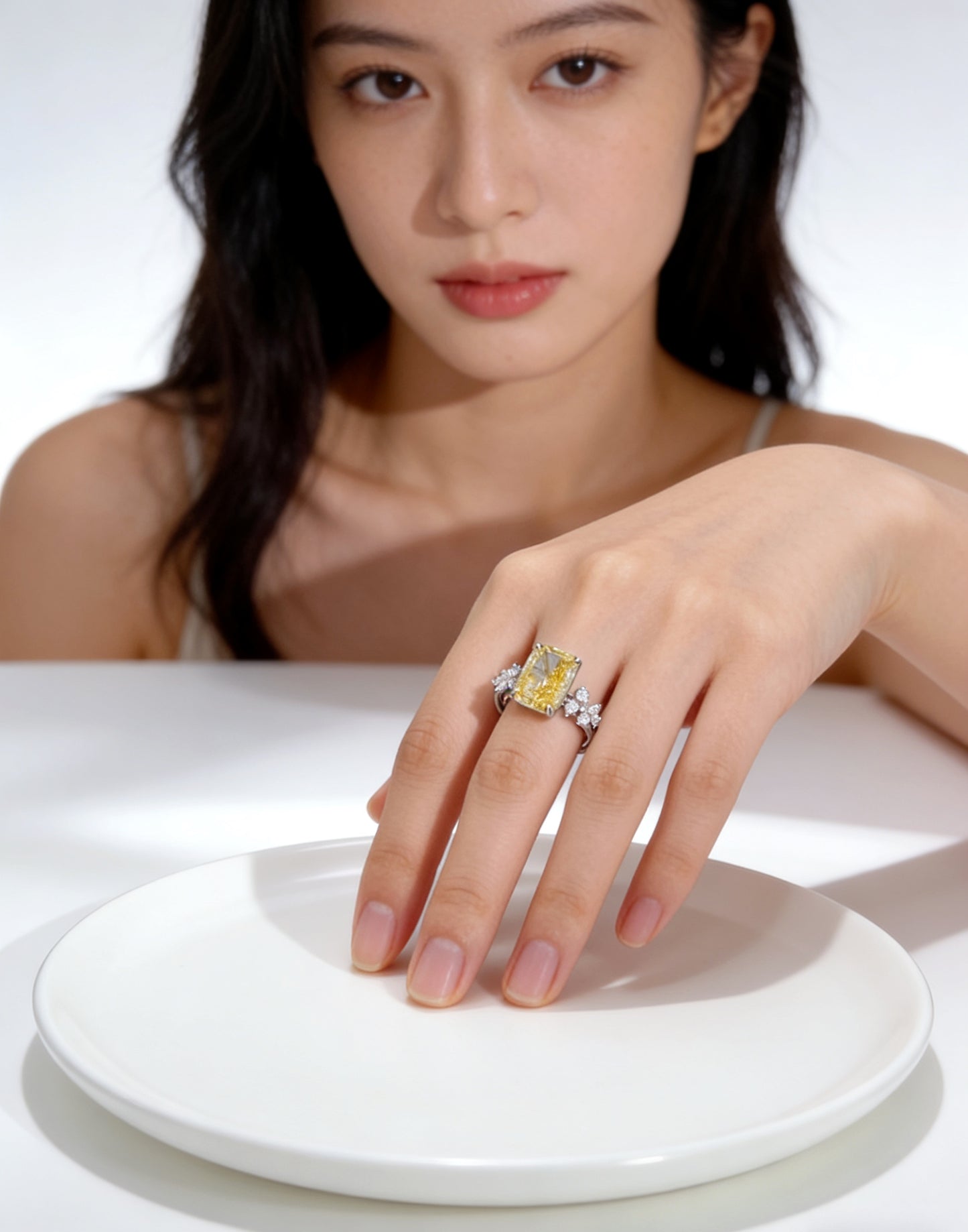 18K White Gold  Radiant Cut Yellow Lab Diamond Side stones Ring