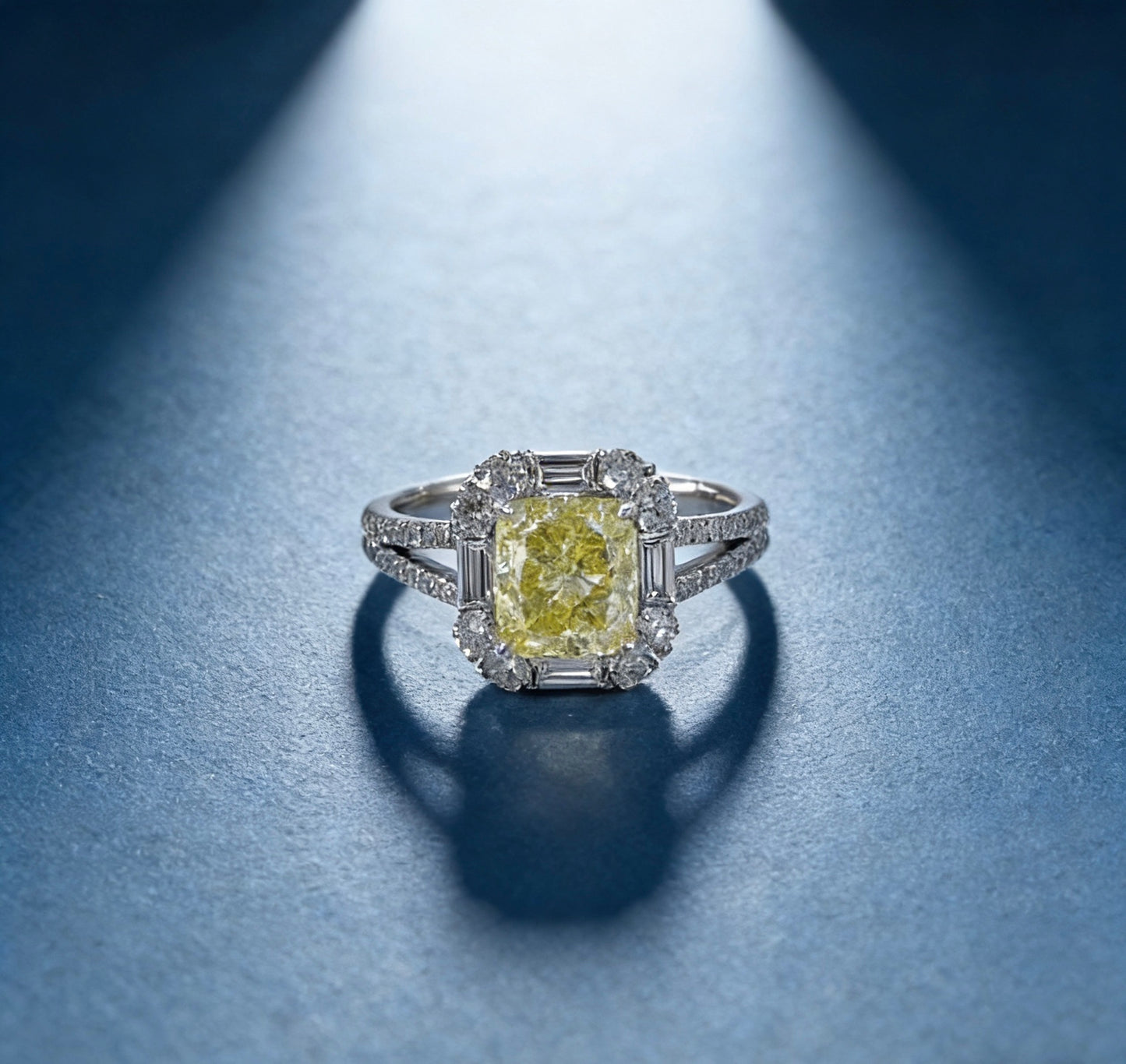 18K White Yellow Lab Diamond Pave Halo Split Shank Ring