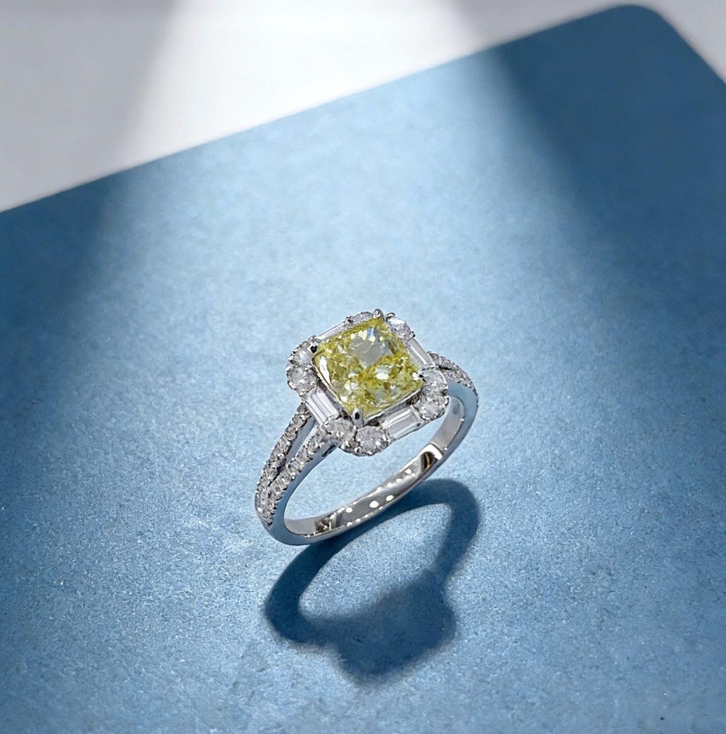 18K White Yellow Lab Diamond Pave Halo Split Shank Ring