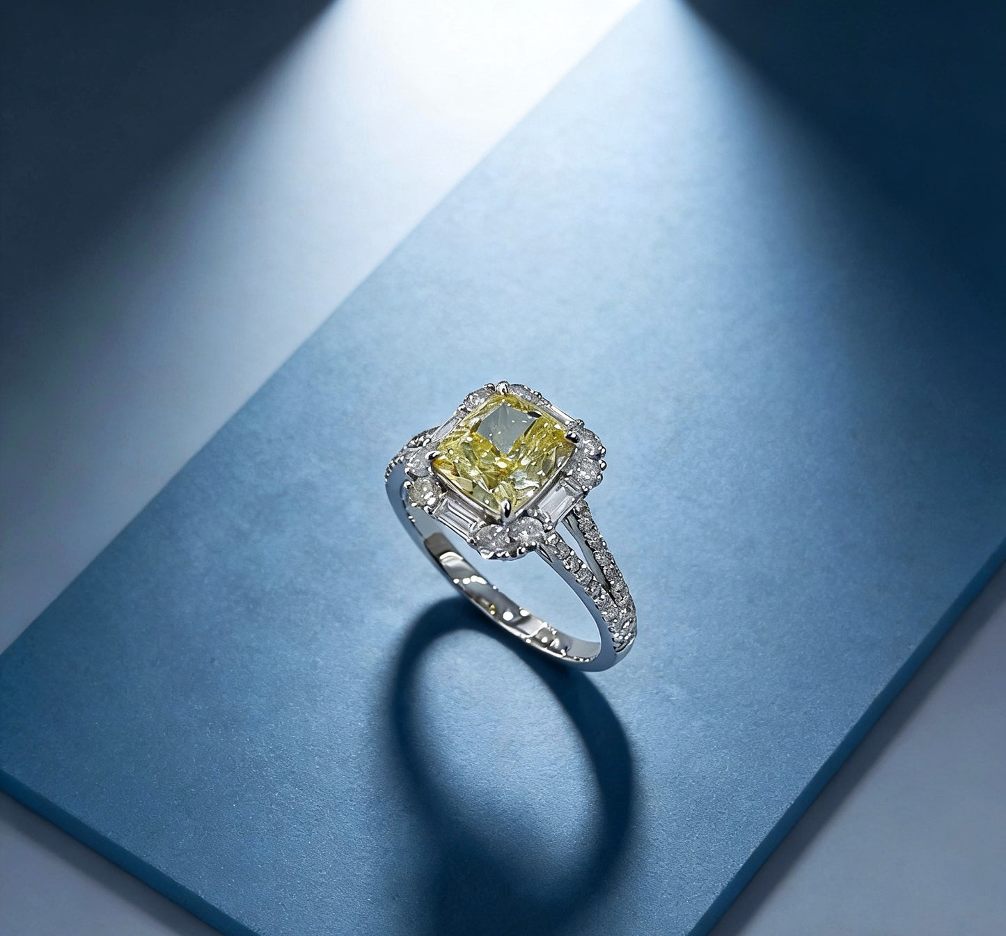 18K White Yellow Lab Diamond Pave Halo Split Shank Ring