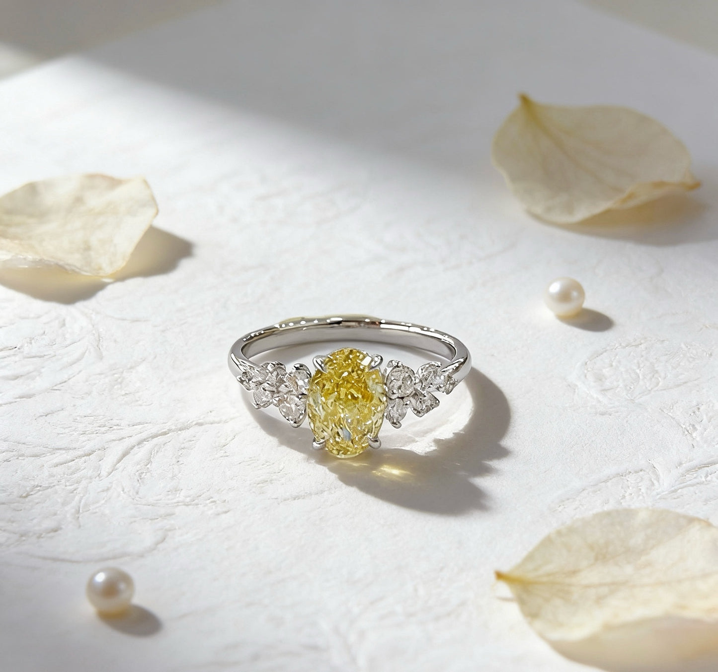 18K White Gold Yellow Lab Diamond Berlin Love Letter Side Stones Ring