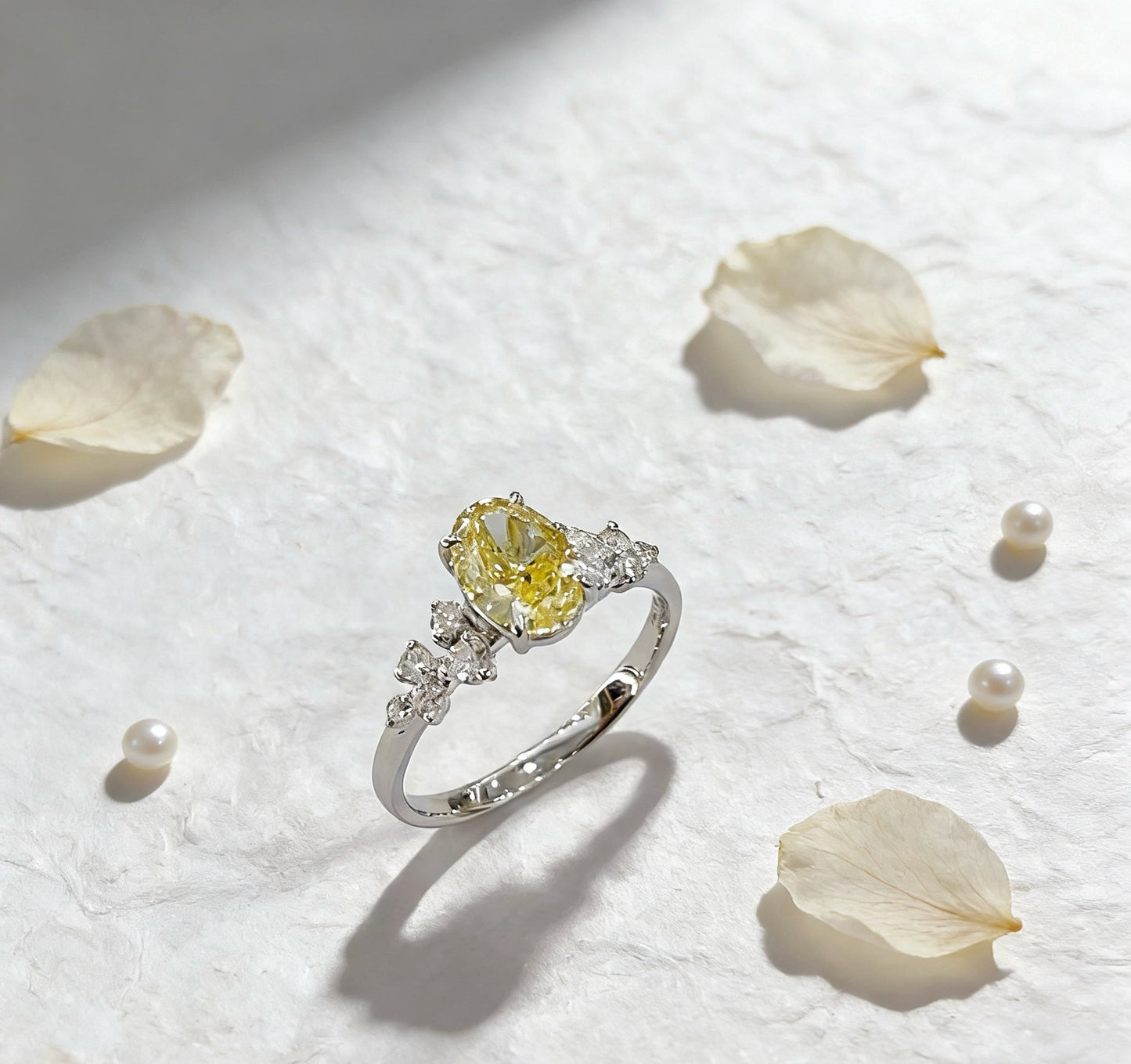18K White Gold Yellow Lab Diamond Berlin Love Letter Side Stones Ring