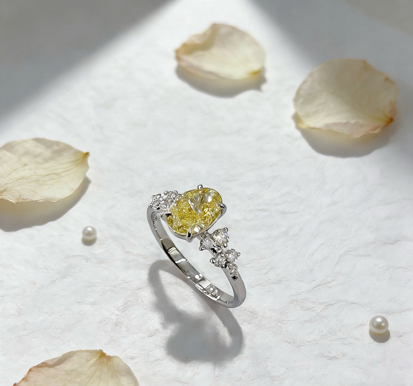 18K White Gold Yellow Lab Diamond Berlin Love Letter Side Stones Ring