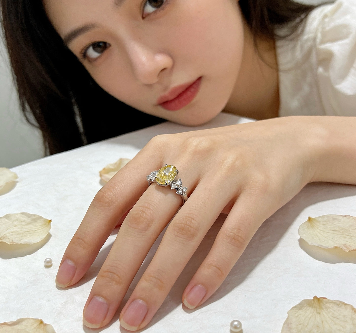 18K White Gold Yellow Lab Diamond Berlin Love Letter Side Stones Ring