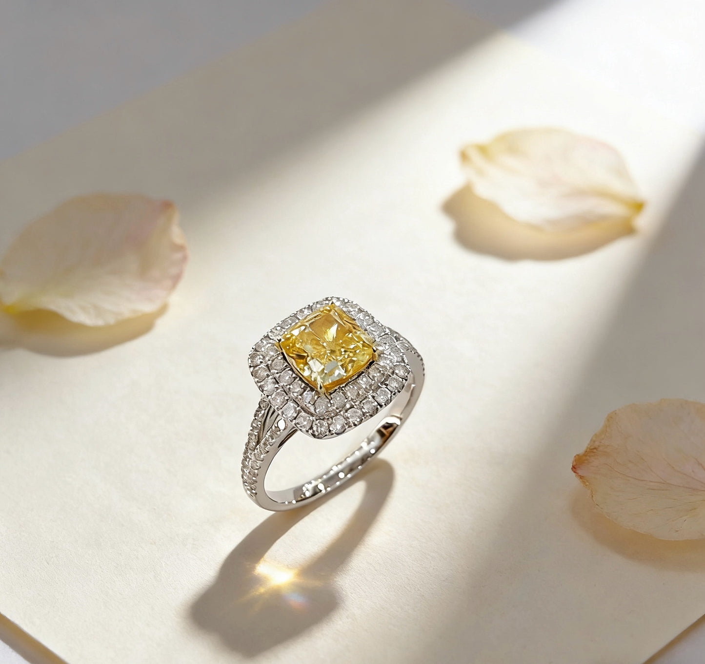 18K Gold Yellow Lab Diamond Cushion Cut Double Halo Y-Shank Ring