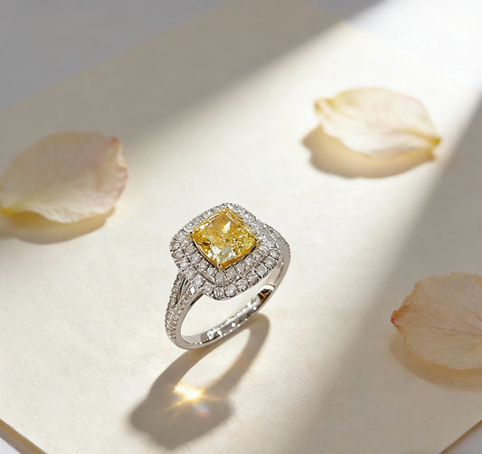 18K Gold Yellow Lab Diamond Cushion Cut Double Halo Y-Shank Ring