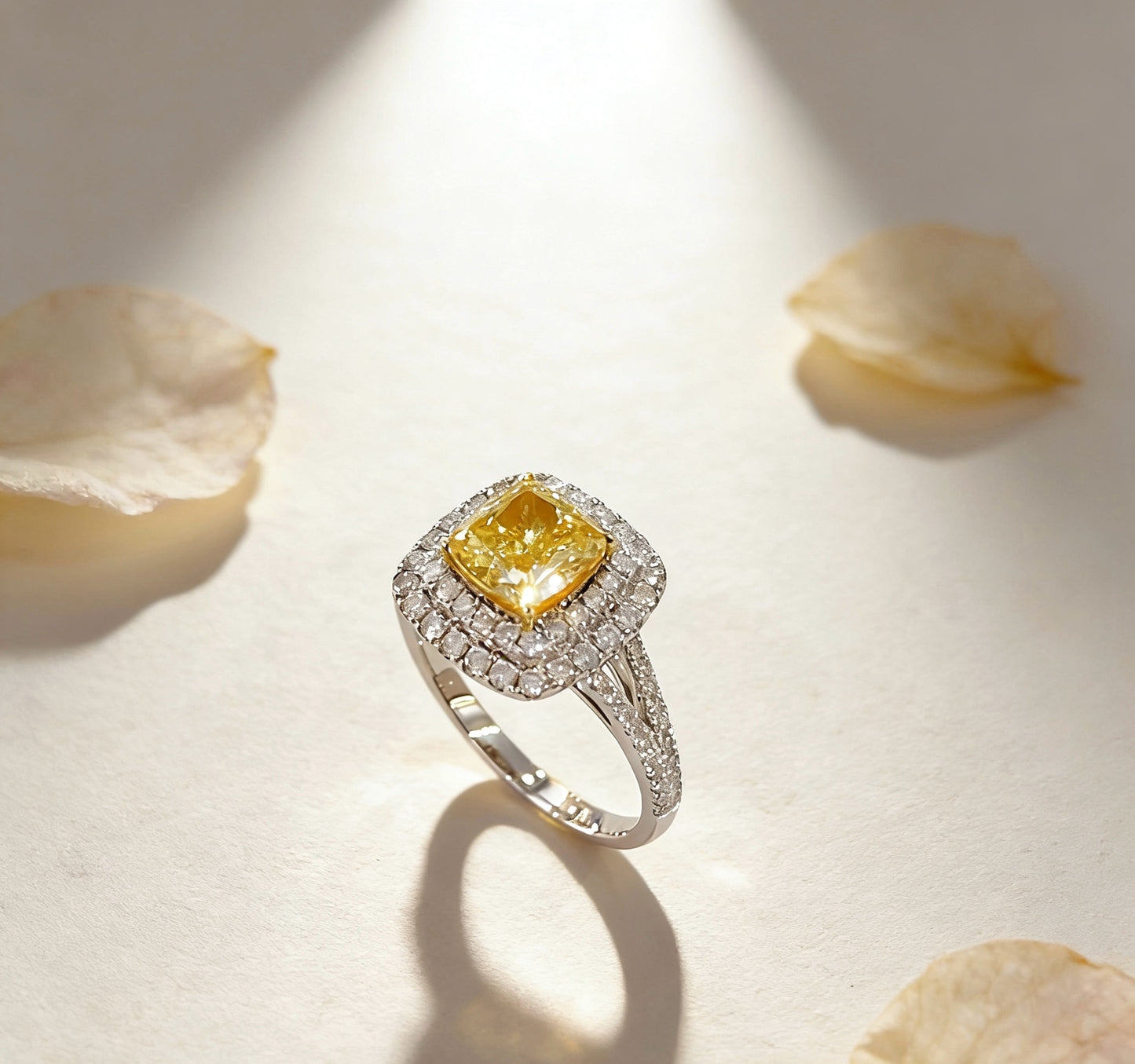 18K Gold Yellow Lab Diamond Cushion Cut Double Halo Y-Shank Ring