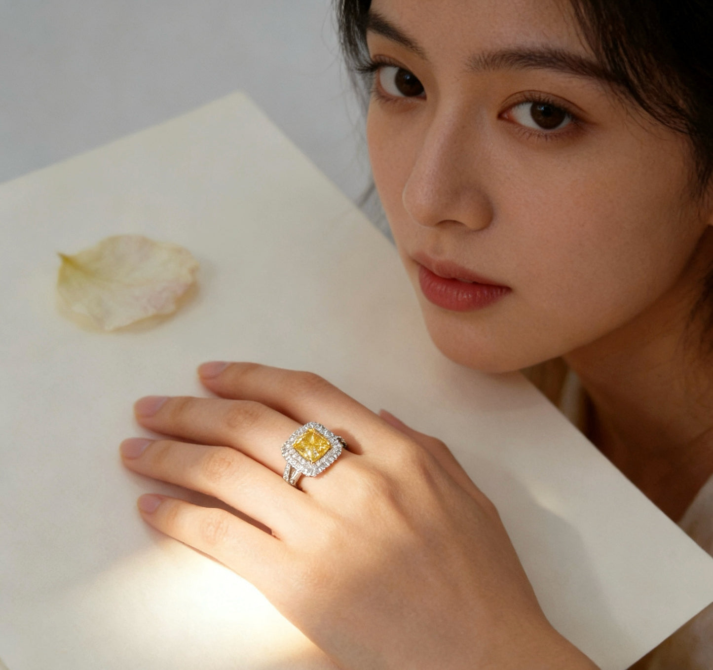 18K Gold Yellow Lab Diamond Cushion Cut Double Halo Y-Shank Ring