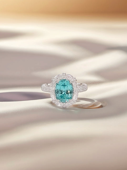 PT950 Lab Diamond & Paraiba Tourmaline Oval Halo Ring