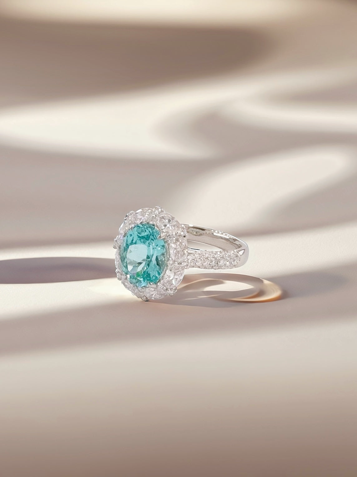 PT950 Lab Diamond & Paraiba Tourmaline Oval Halo Ring