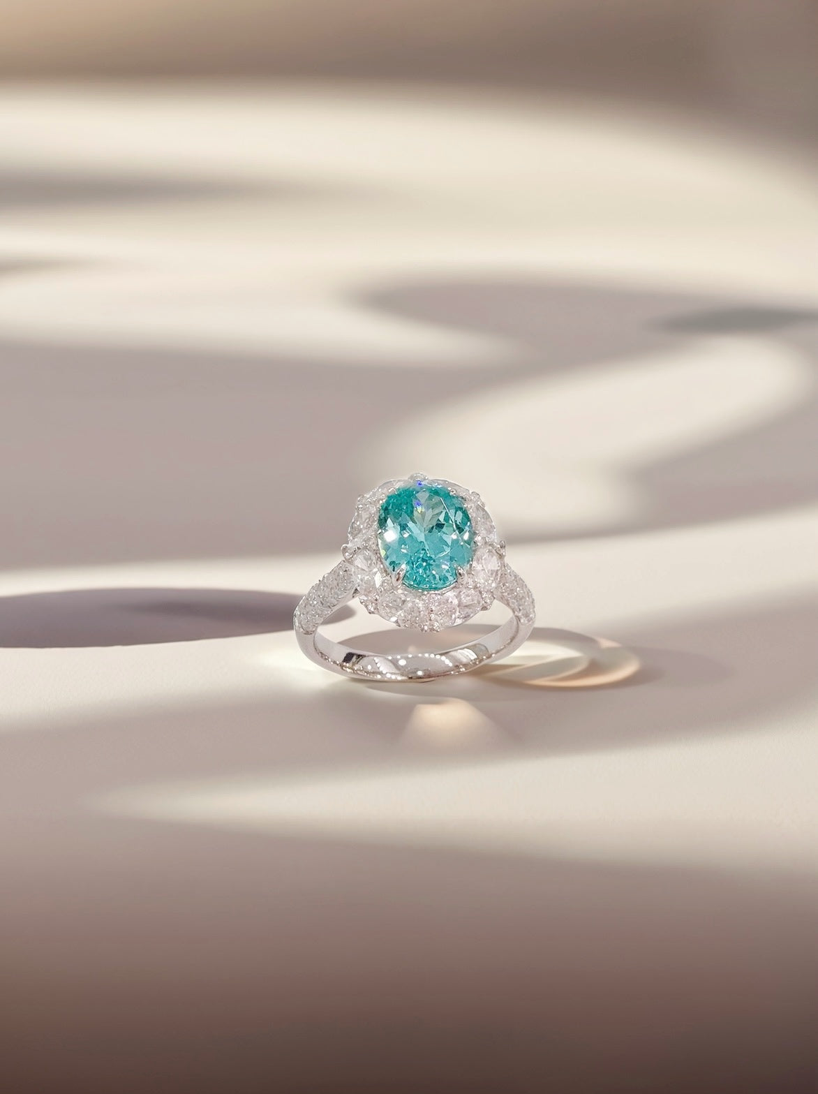 PT950 Lab Diamond & Paraiba Tourmaline Oval Halo Ring
