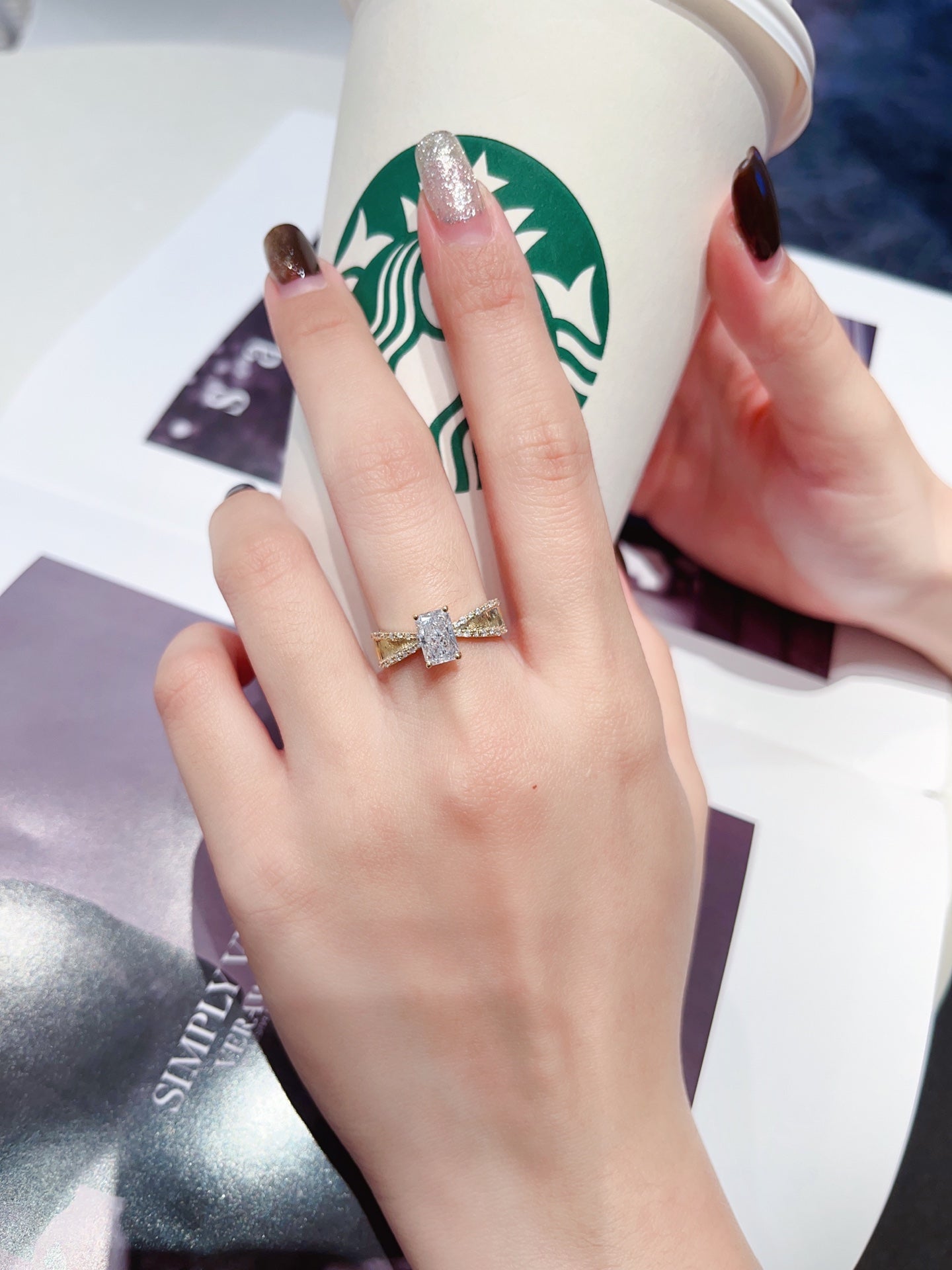 18K Gold White Lab Diamond Radiant Cut Brushed Vintage Ring