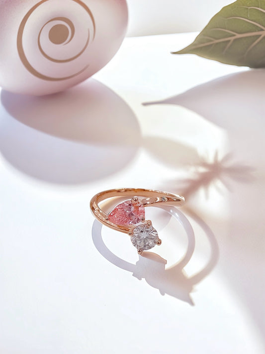 18K Gold Pink Lab Diamond Pear & Round Cut Toi Et Moi Ring