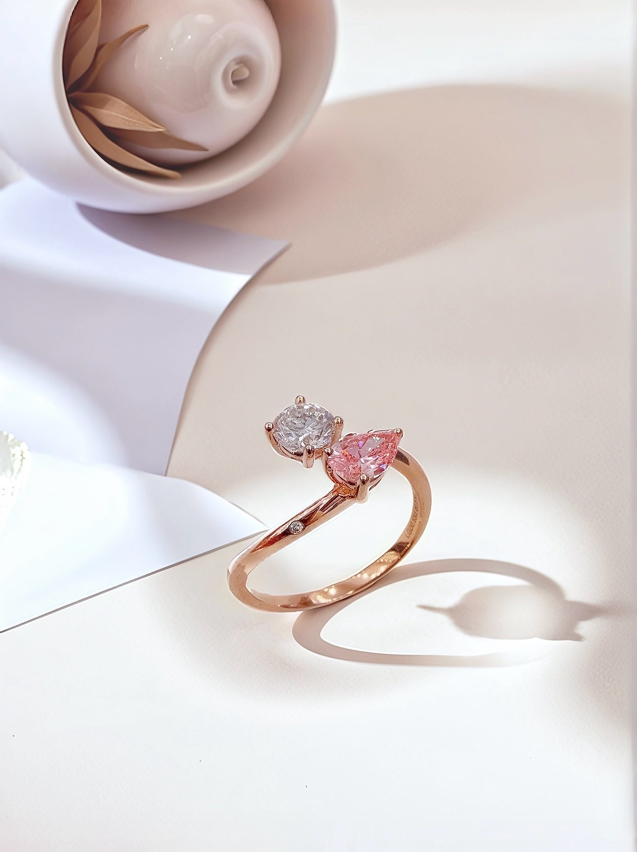 18K Gold Pink Lab Diamond Pear & Round Cut Toi Et Moi Ring