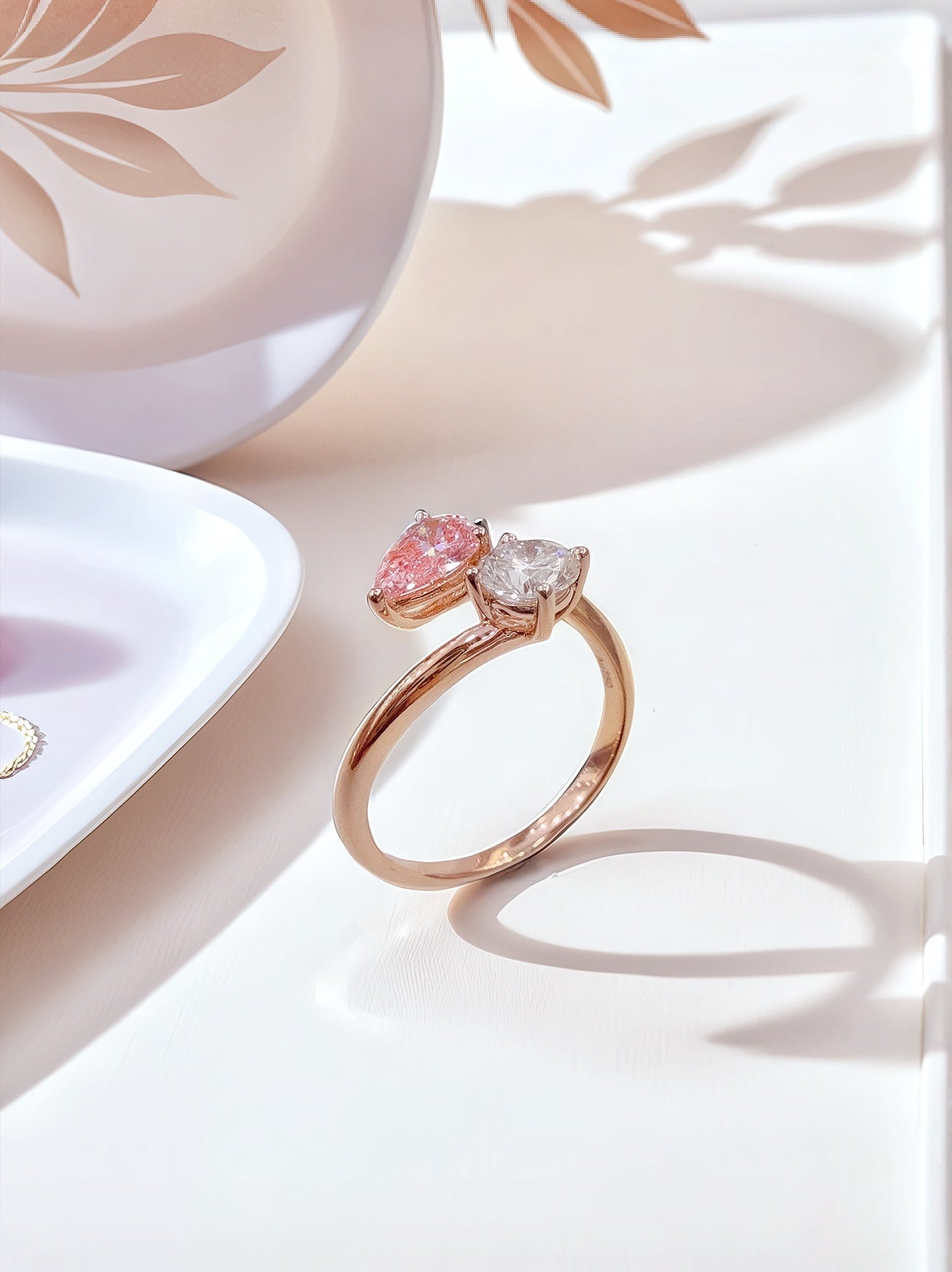 18K Gold Pink Lab Diamond Pear & Round Cut Toi Et Moi Ring