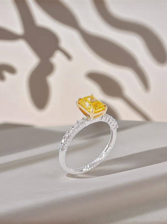 18K Gold Yellow Lab Diamond Cushion Cut Pave Setting Ring
