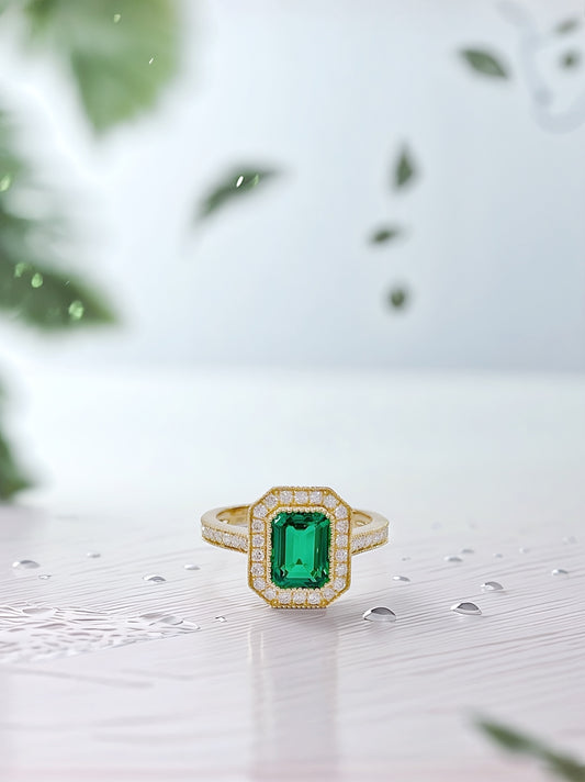 18K Yellow Gold Lab Emerald Vintage Halo Ring