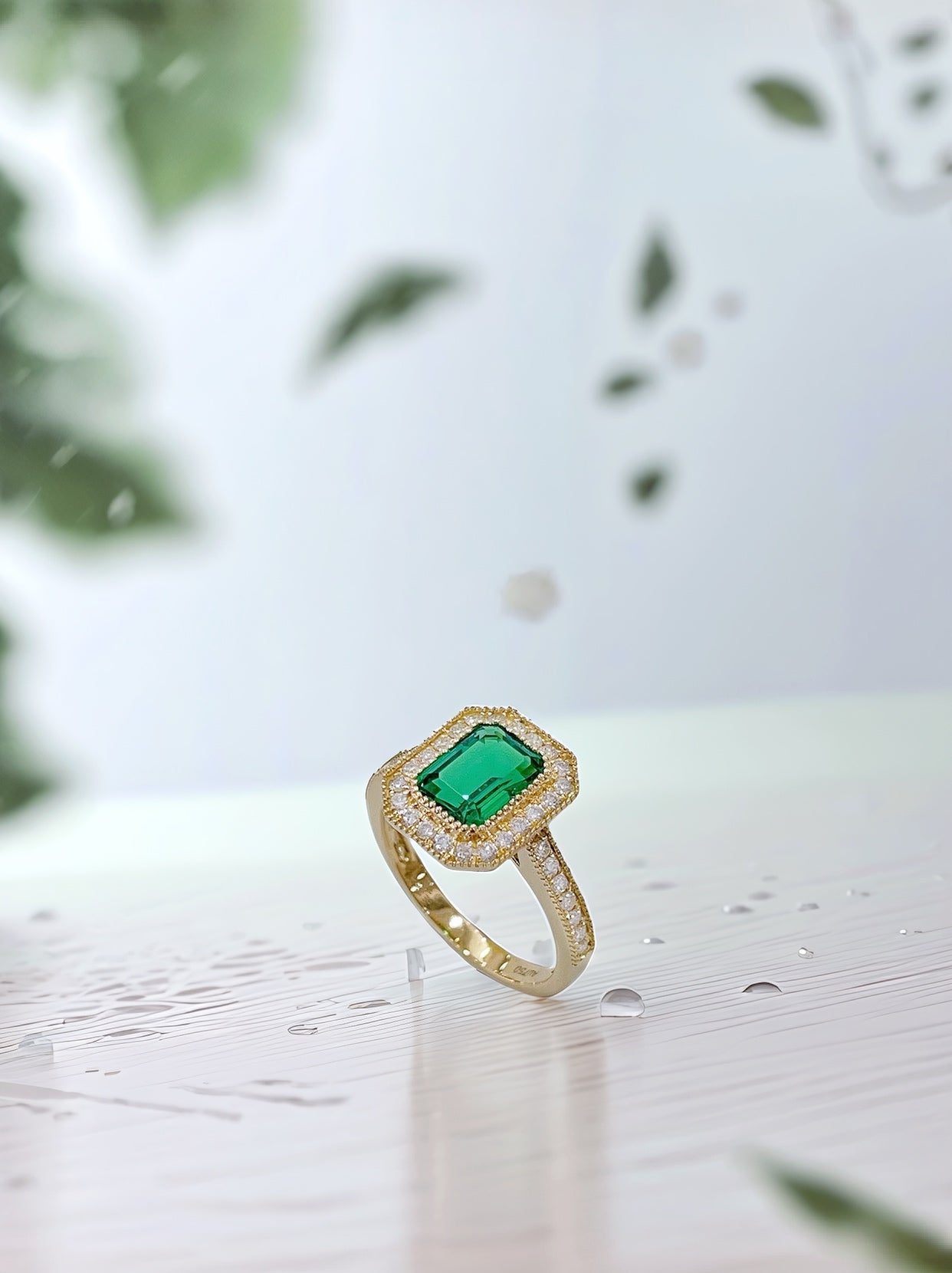 18K Yellow Gold Lab Emerald Vintage Halo Ring