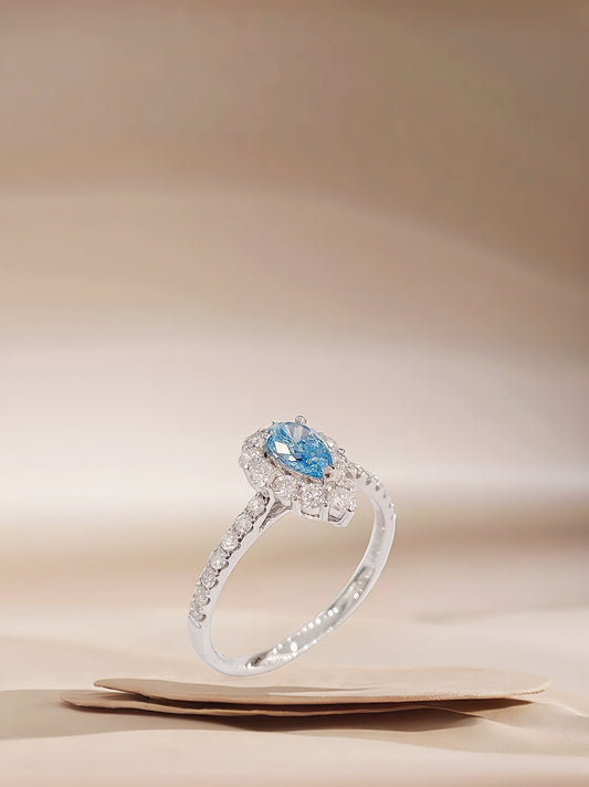 18K Gold Blue Lab Diamond Pear Cut Halo Ring