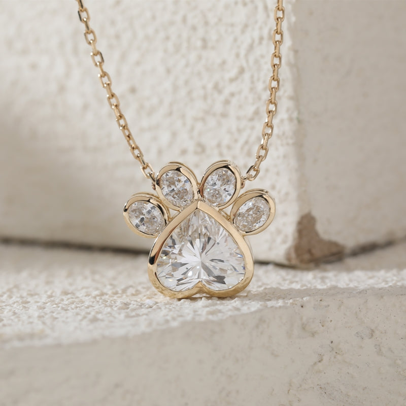 14K Yellow Gold 3.07ct Heart Lab Diamond & 0.87ct Oval Diamond Paw Necklace