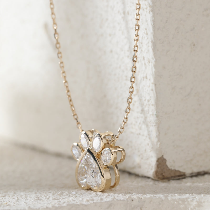 14K Yellow Gold 3.07ct Heart Lab Diamond & 0.87ct Oval Diamond Paw Necklace