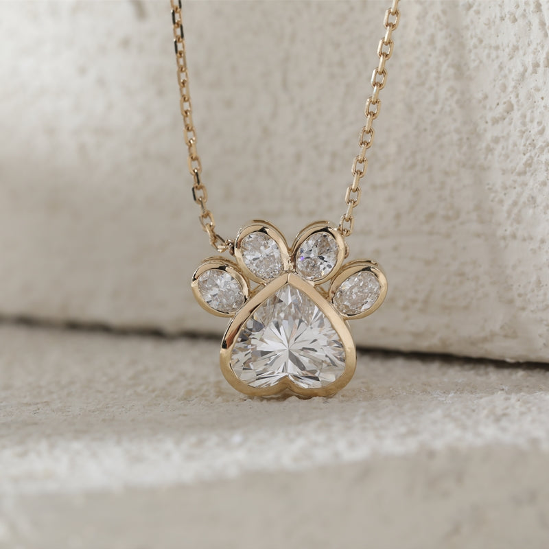 14K Yellow Gold 3.07ct Heart Lab Diamond & 0.87ct Oval Diamond Paw Necklace