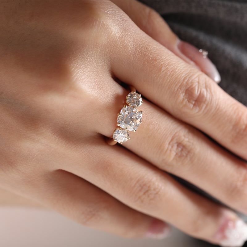 2.00ct Old Mine Cushion Cut Diamond Three Stone Ring