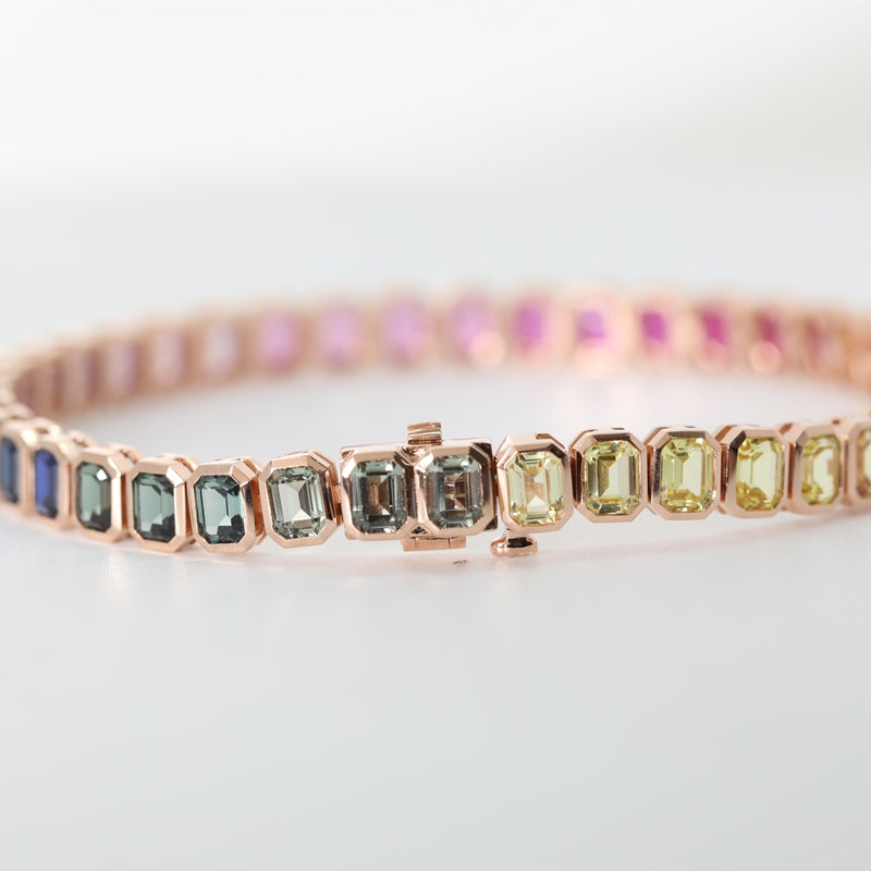 18K Rose Gold Emerald Cut Rainbow Lab Grown Gemstone Bracelet