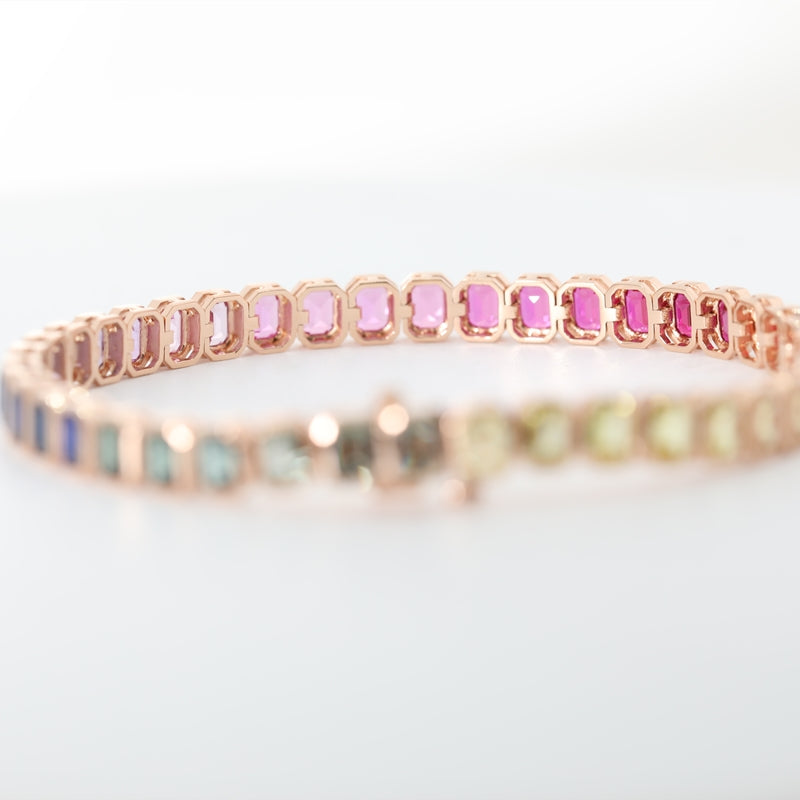 18K Rose Gold Emerald Cut Rainbow Lab Grown Gemstone Bracelet