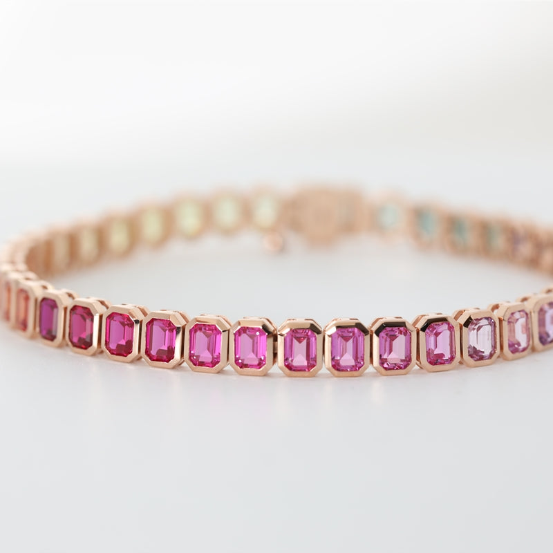 18K Rose Gold Emerald Cut Rainbow Lab Grown Gemstone Bracelet