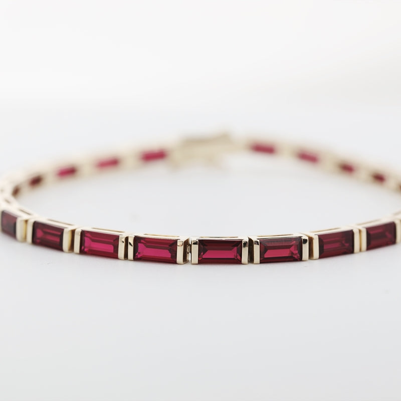14K Yellow Gold Baguette Lab-Grown Ruby Bezel Tennis Bracelet