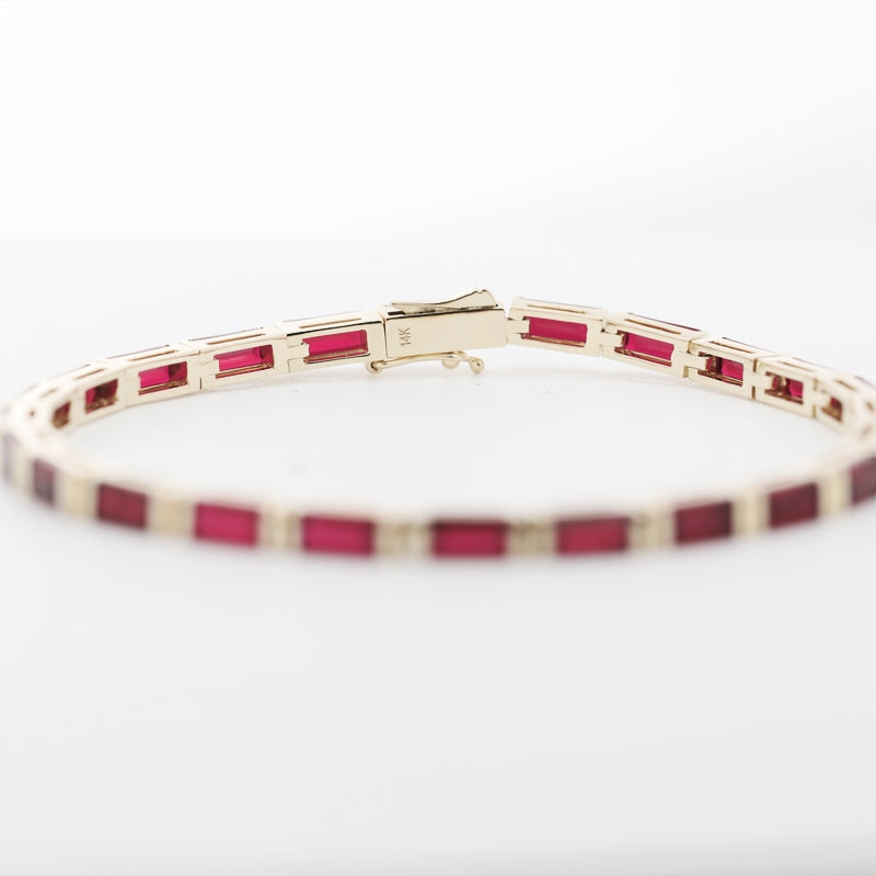 14K Yellow Gold Baguette Lab-Grown Ruby Bezel Tennis Bracelet