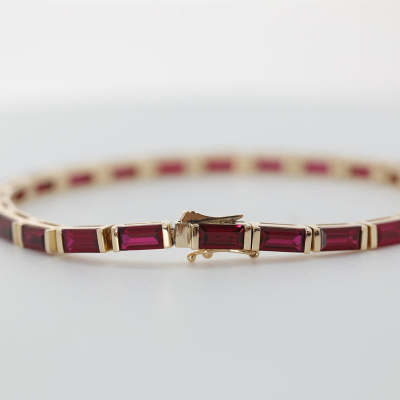 14K Yellow Gold Baguette Lab-Grown Ruby Bezel Tennis Bracelet