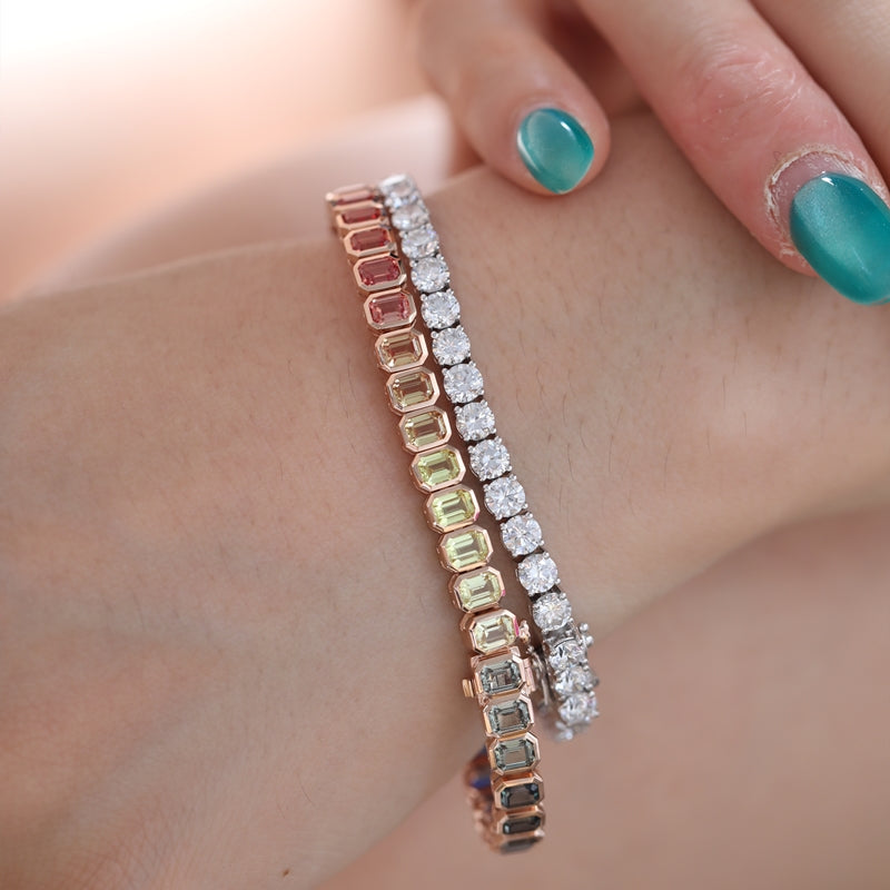 18K Rose Gold Emerald Cut Rainbow Lab Grown Gemstone Bracelet