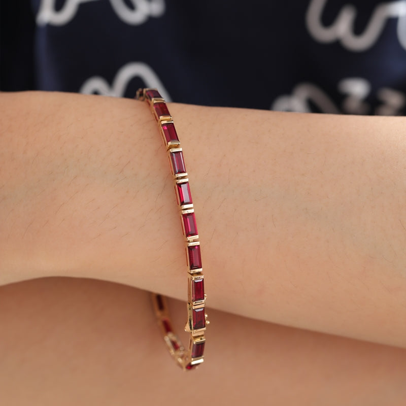 14K Yellow Gold Baguette Lab-Grown Ruby Bezel Tennis Bracelet