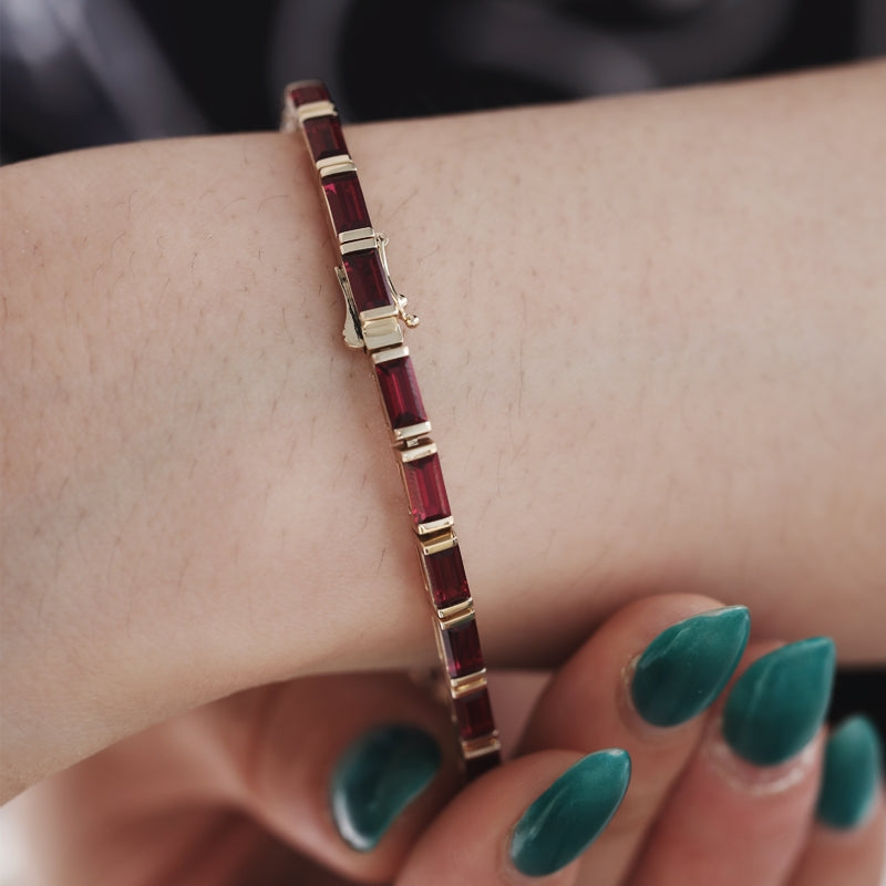 14K Yellow Gold Baguette Lab-Grown Ruby Bezel Tennis Bracelet