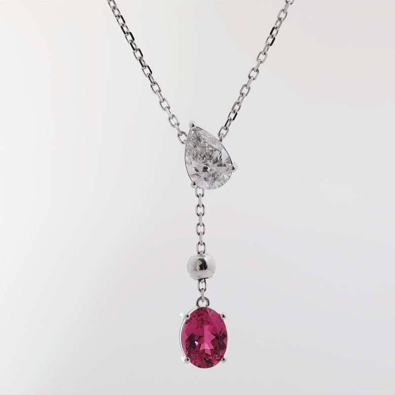 1.05ct Pear Cut Lab Diamond & Oval Lab Pink Sapphire Necklace