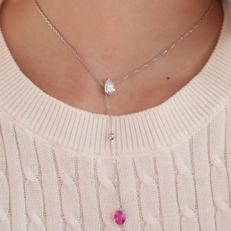 1.05ct Pear Cut Lab Diamond & Oval Lab Pink Sapphire Necklace