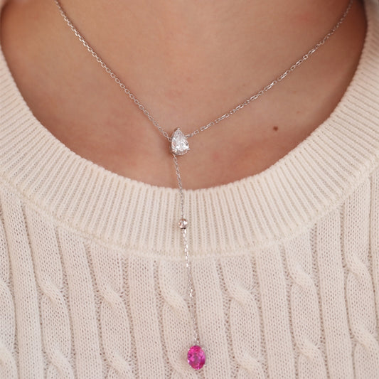 1.05ct Pear Cut Lab Diamond & Oval Lab Pink Sapphire Necklace