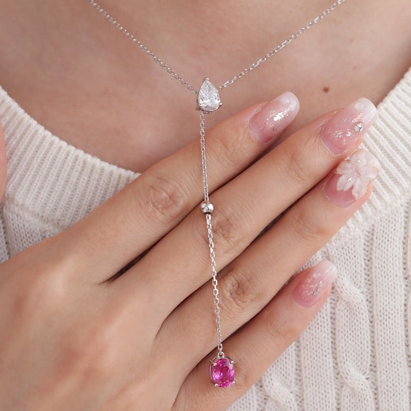 1.05ct Pear Cut Lab Diamond & Oval Lab Pink Sapphire Necklace