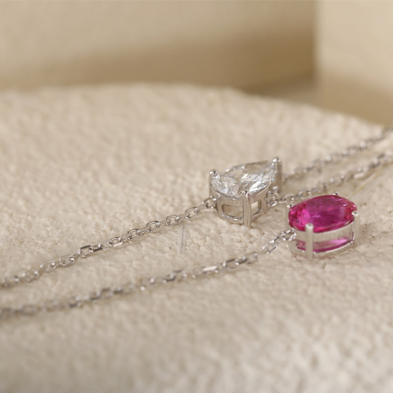 1.05ct Pear Cut Lab Diamond & Oval Lab Pink Sapphire Necklace